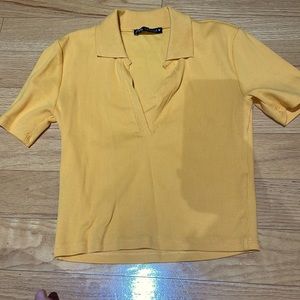 zara yellow-orange v neck collared top